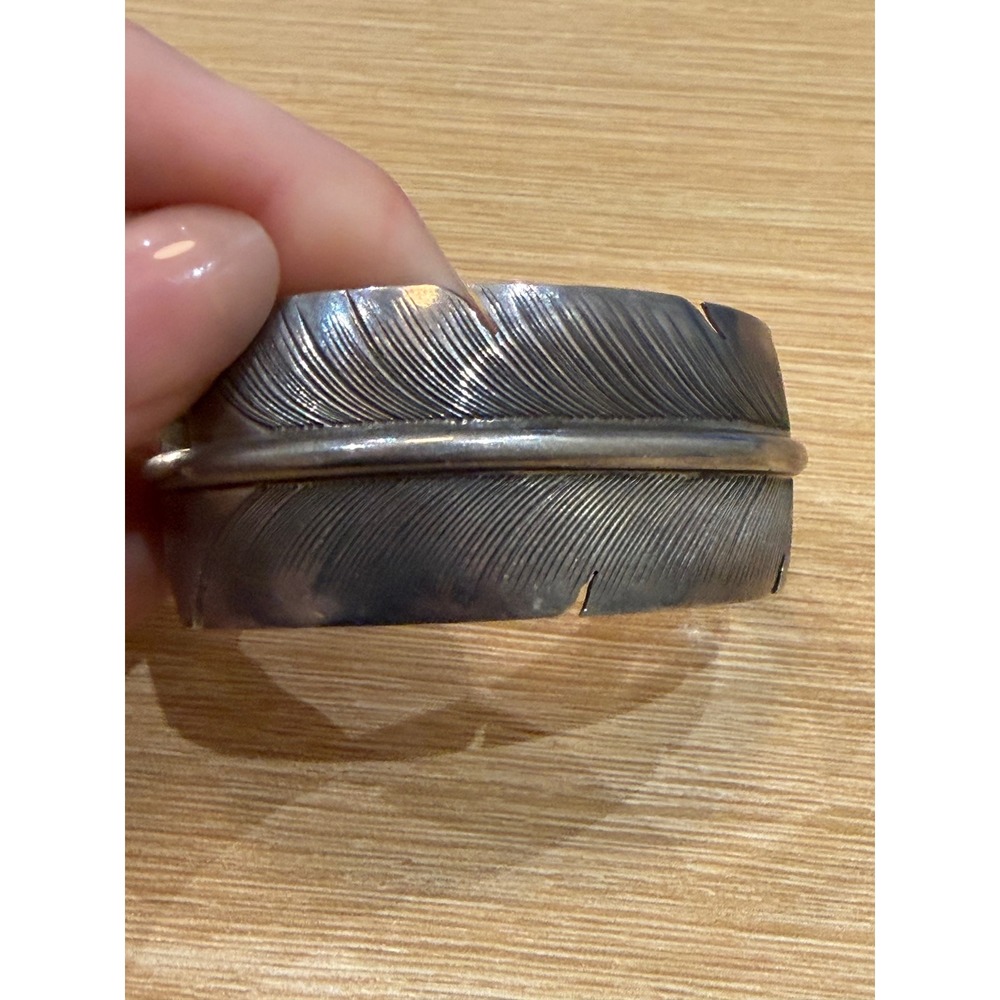 Lena Platero Navajo Sterling Silver Feather Cuff Bracelet Hand Stamped Native